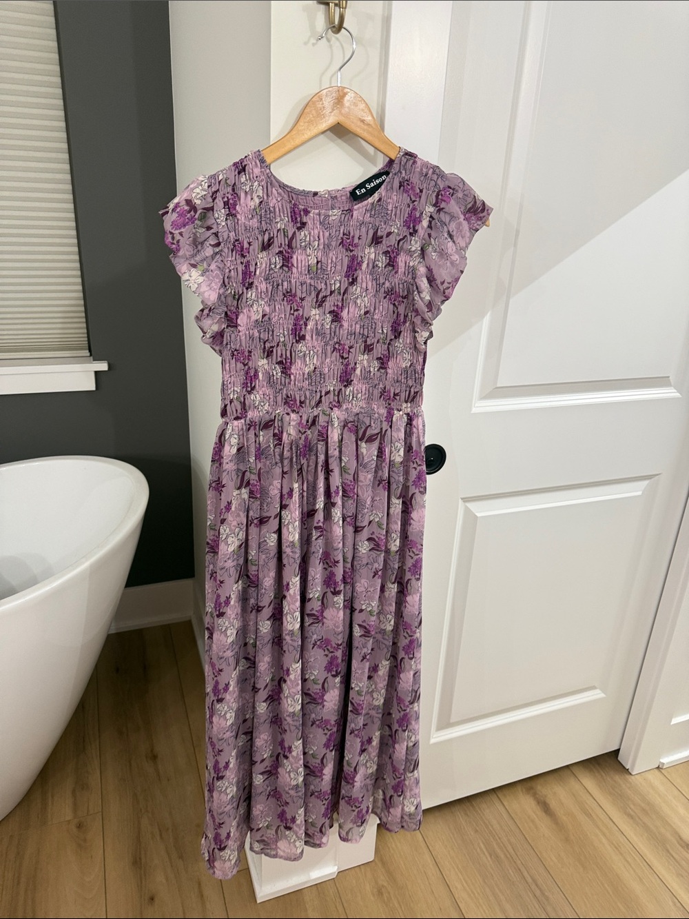 En Saison Purple Floral Smocked Midi Dress